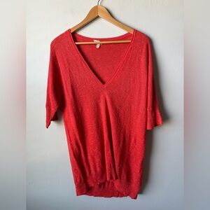 Eileen Fisher Bright Red/Orange V-Neck  Oversized Tight Knit Jersey Top Minimali